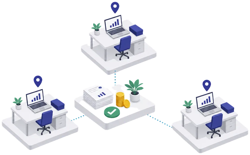 Illustration: three linked deal desks around one shared meeting table