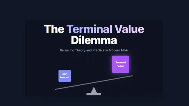 Graphic titled The Terminal Value Dilemma: a seesaw weighing a DCF forecast against terminal value