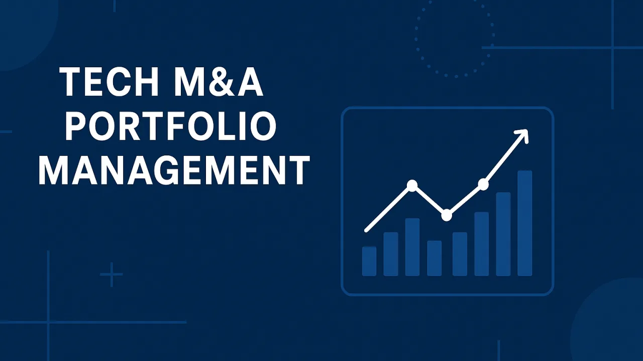 غلاف المقال: عبارة «Tech M&A Portfolio Management» بجوار رسم بياني صاعد بالأعمدة والخطوط