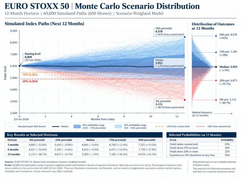 Chart: EURO STOXX 50 Monte Carlo scenario distribution over 12 months