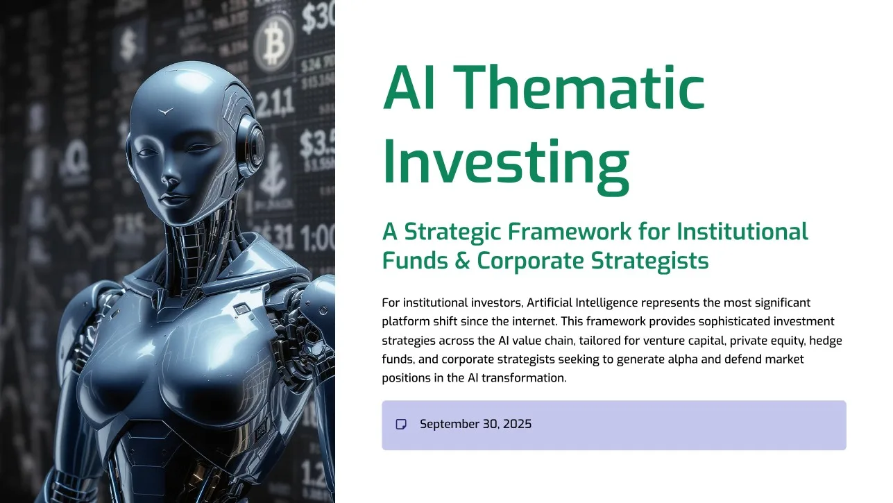 First page of the deck: AI Thematic Investing, beside an image of a humanoid robot