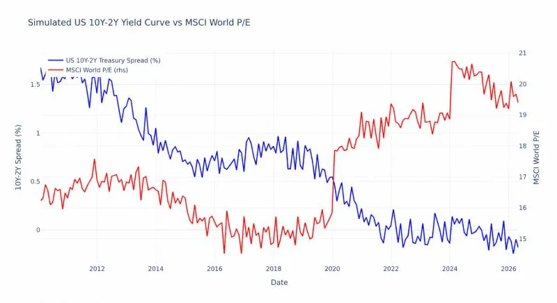 Chart: simulated US 10Y-2Y yield curve vs MSCI World P/E, 2010 to 2026